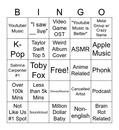 Spotify Bingo Card