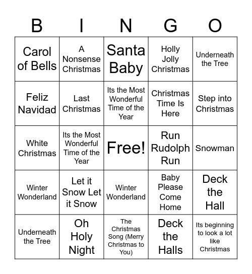 Christmas Hits Bingo Card