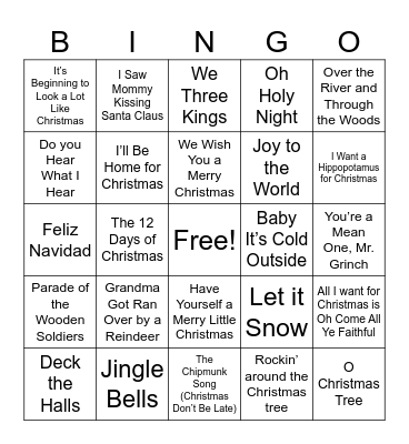 Christmas Song Bingo Card