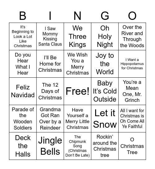 Christmas Song Bingo Card