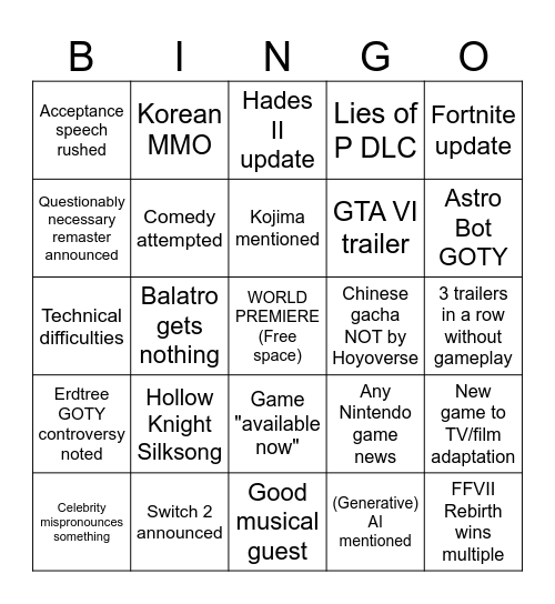 Game Awards 2024 Bingo Card