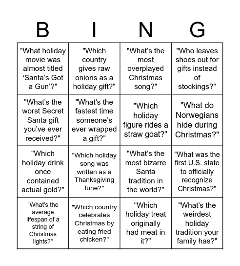 Funny Holiday Trivia Bingo Card