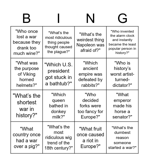 Funny History Trivia Bingo Card