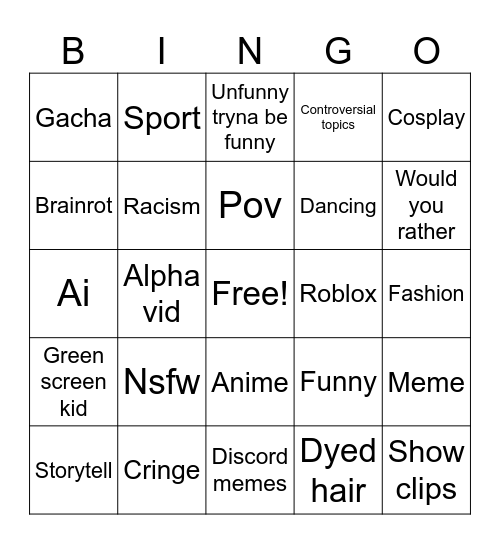YouTube shorts bingo Card