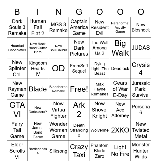 Game Awards Bingo Card