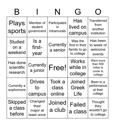 College Bingo Card