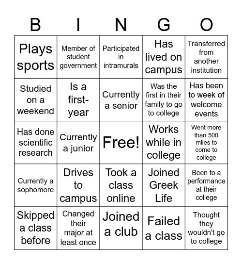 College Bingo Card