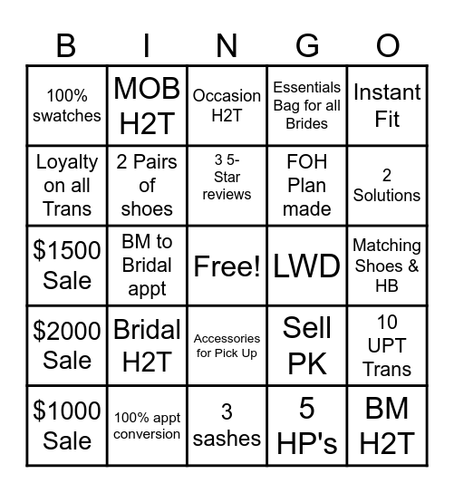 Bridal Bingo Card