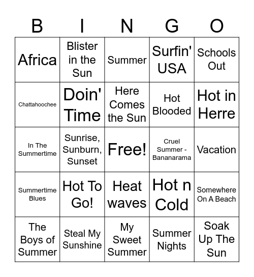 Summer Is Coming Bingo Card