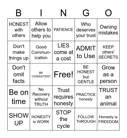 HONESTY AND TRUST Bingo Card