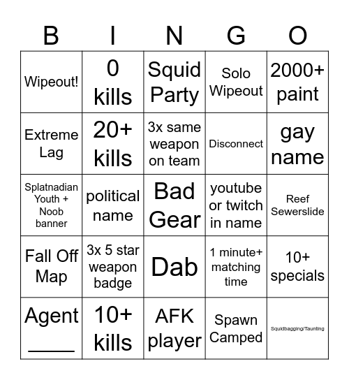 Splatoon Turf Bingo Card