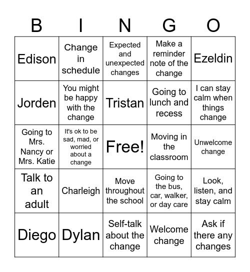 Transitions Bingo Card