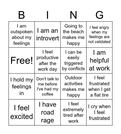 Emotions Bingo Card