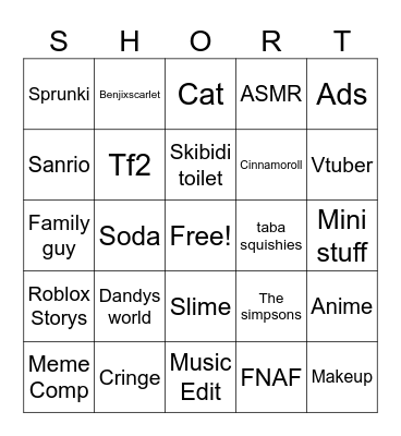 Shorts Bingo Card