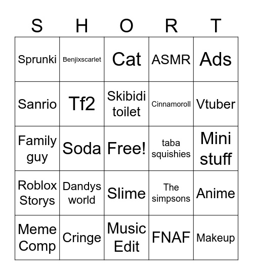 Shorts Bingo Card