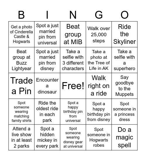 Theme Park Bingo Card