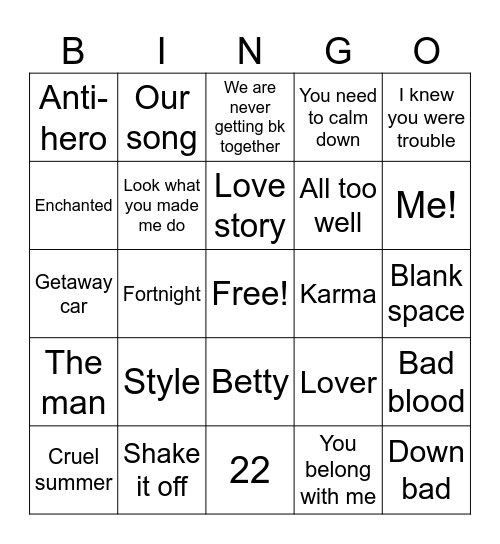 Taylor Swift Bingo Card