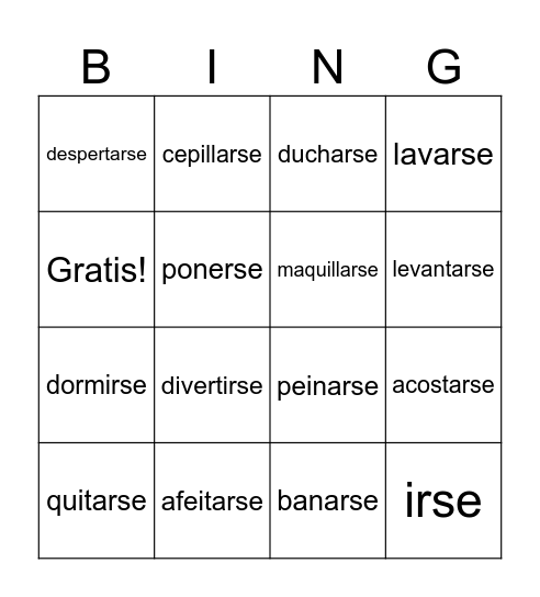 Verbos Reflexivos Bingo Card