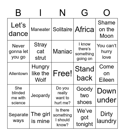 Top Hits of 1983 Bingo Card