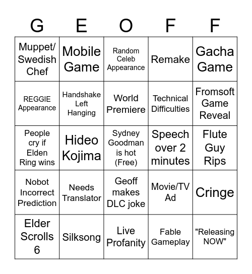 Game Awards Bingo Card