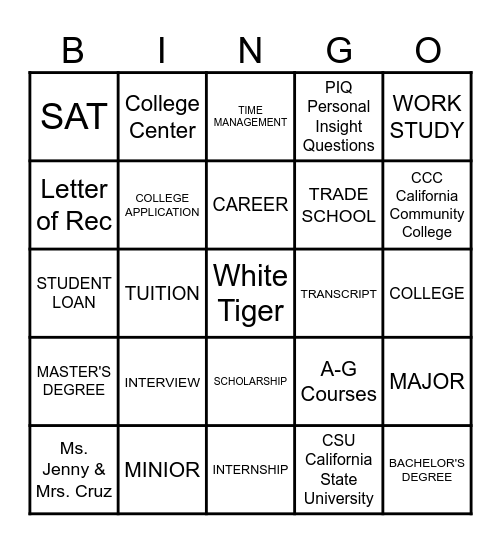 COLLEGE and CAREER Bingo Card