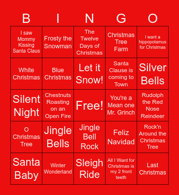 Holiday Song Bingo Card