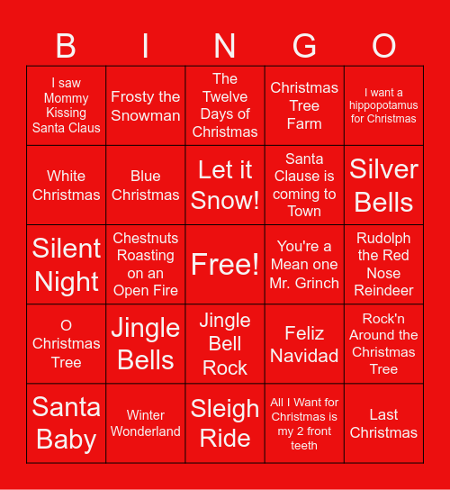 Holiday Song Bingo Card
