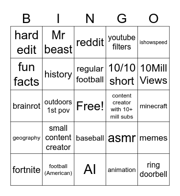 YouTube shorts Bingo Card