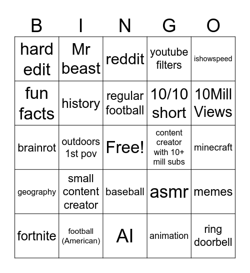 YouTube shorts Bingo Card