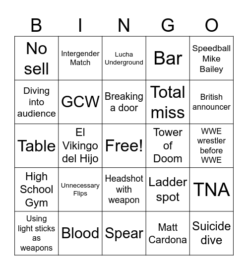 OMG Wrestling Bingo Card