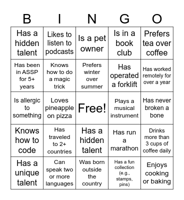 ASSP Ice Breaker Bingo Card