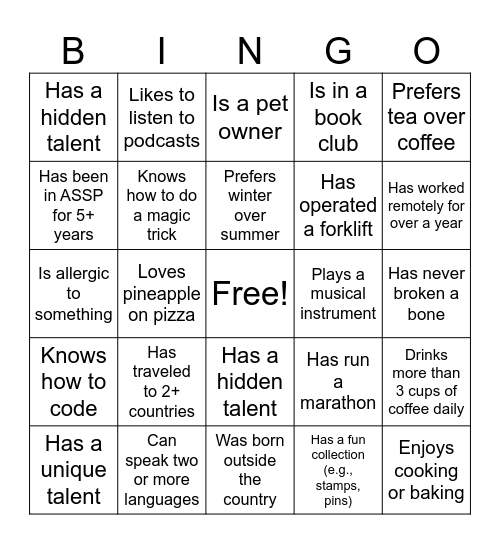 ASSP Ice Breaker Bingo Card