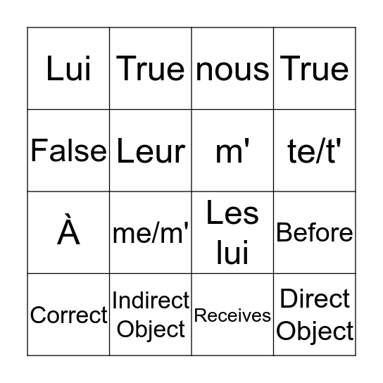 Indirect Object Pronouns Bingo Card