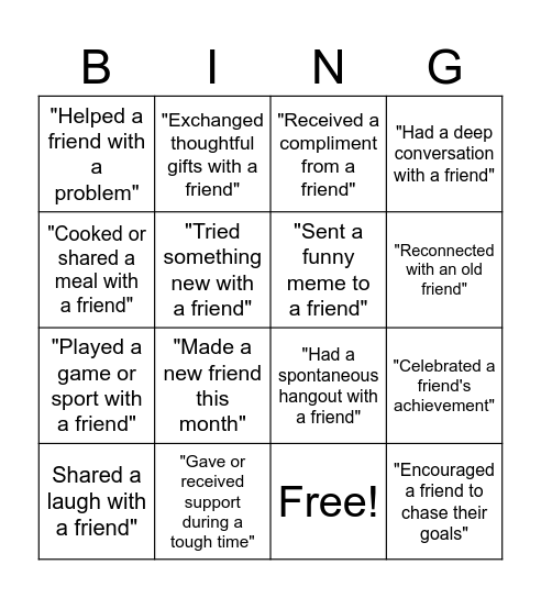 Friendship Bingo Card