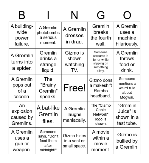 Gremlins 2 Bingo Card
