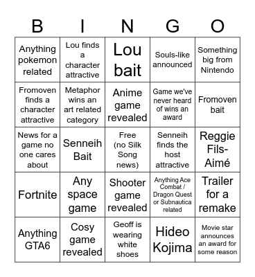 GOTY 2024 awards Bingo Card