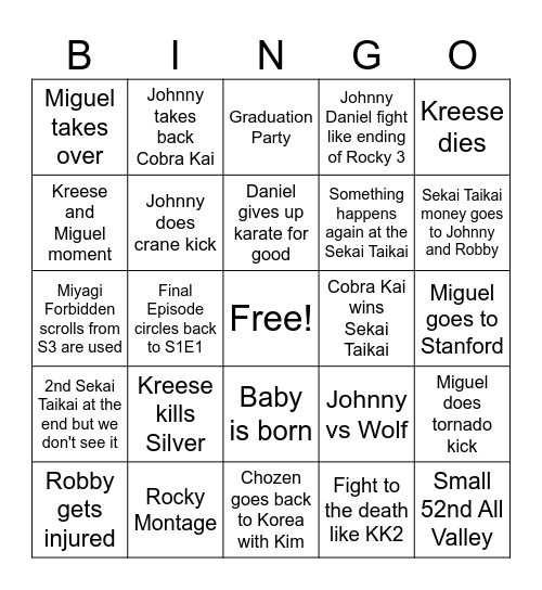 Cobra Kai S6 Part 3 Bingo Card