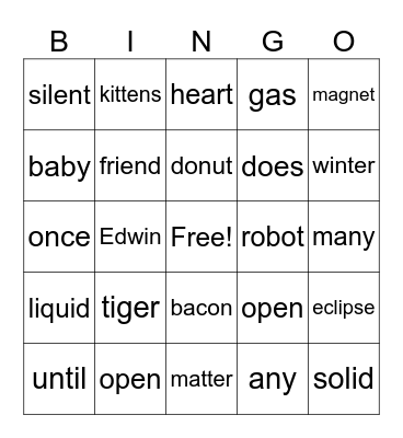Open and Closed Syllables Bingo Card