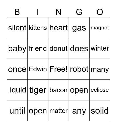 Open and Closed Syllables Bingo Card