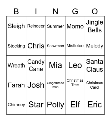 Christmas Vocabulary Bingo Card