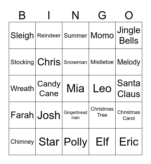 Christmas Vocabulary Bingo Card