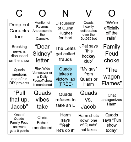 Canucks Conversation Bingo Card