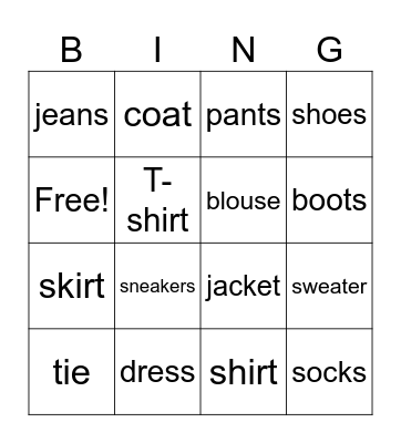 Clothes Bingo Card