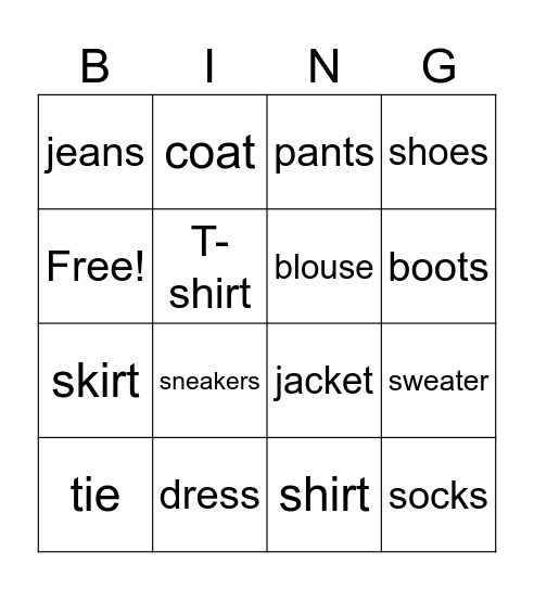 Clothes Bingo Card