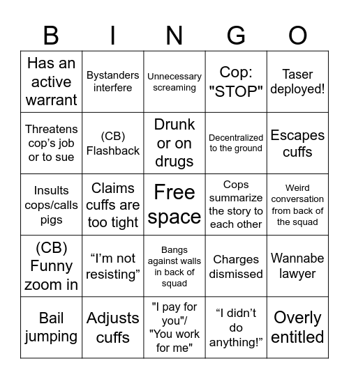Bodycam Bingo Card