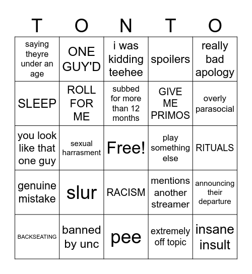 gooning Bingo Card