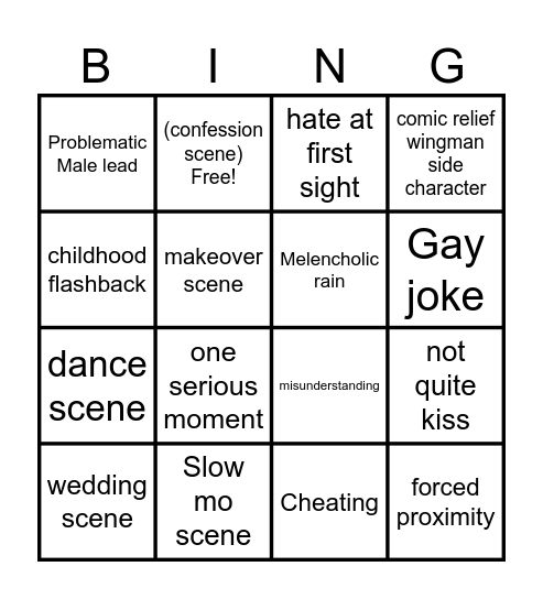 Romcom Bing Bingo Card