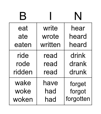 Irregular verbs Bingo Card