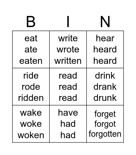 Irregular verbs Bingo Card