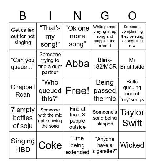 Karaoke Bingo Card